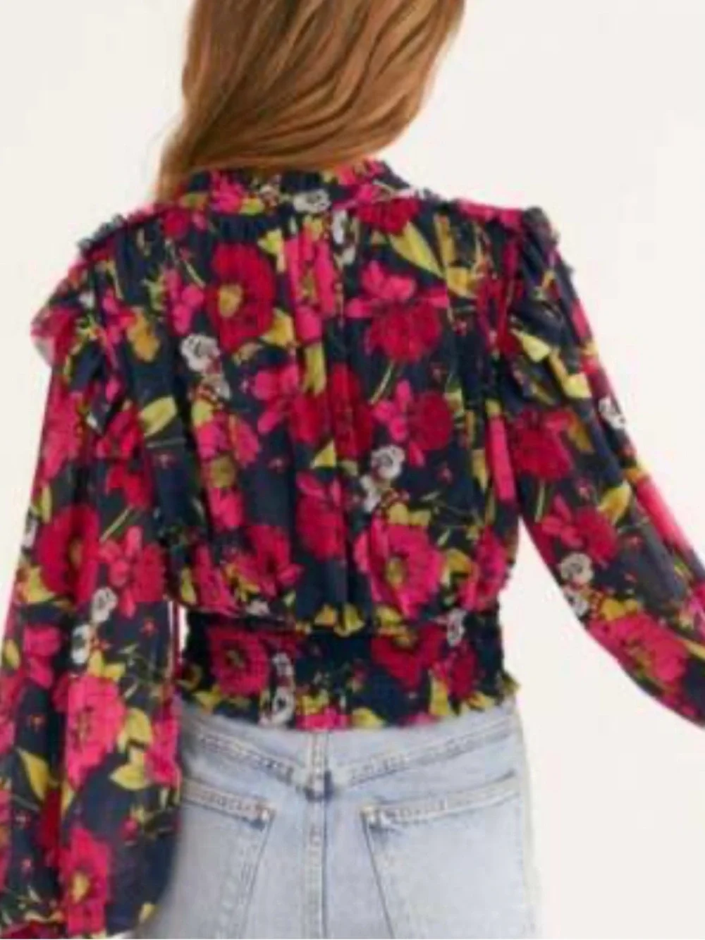 Free People Black Blouse with Fuchsia Floral Print